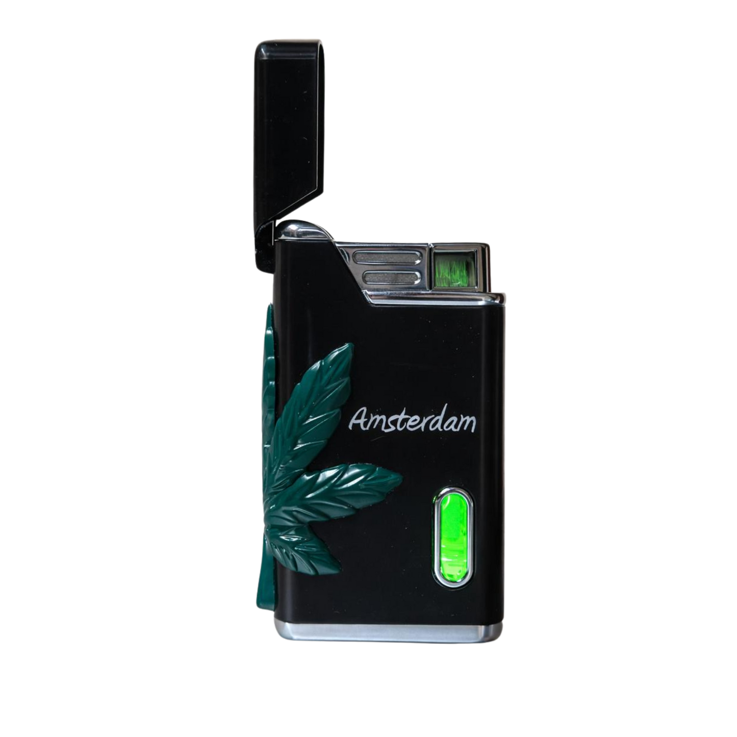 Briquet torche rechargeable – Feuille de cannabis & Amsterdam