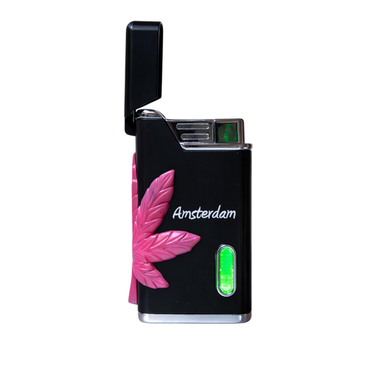 Briquet torche noir rechargeable – Feuille de cannabis & Amsterdam