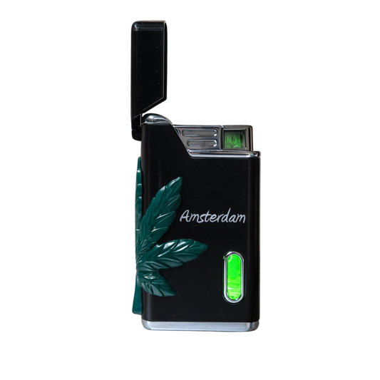 Briquet torche rechargeable – Feuille de cannabis & Amsterdam